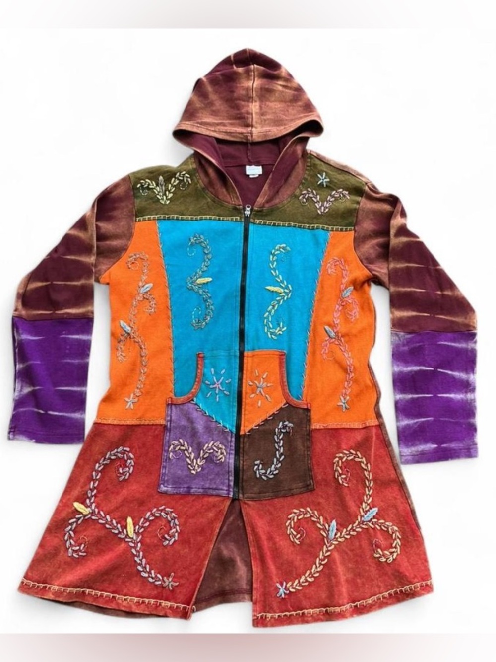 Boho Multicolored Greater Good Hippie Patchwork Longline Zip Up Hoodie